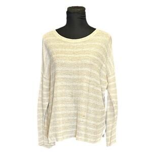 Eileen Fisher Tan and White Striped Organic Linen Lightweight Sweater Size M